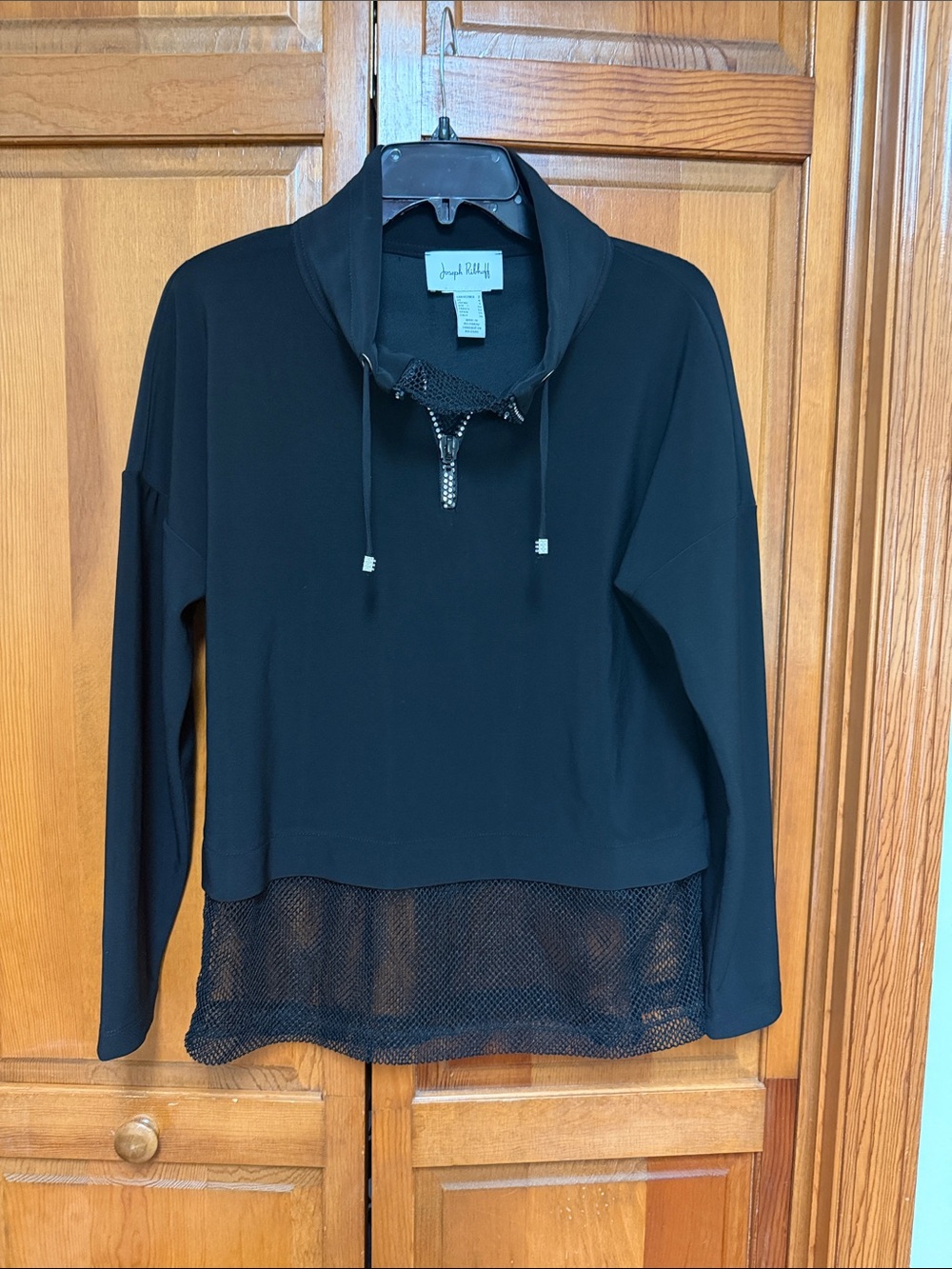Joseph Ribkoff Black Mesh-Hem Funnel Neck Pullover